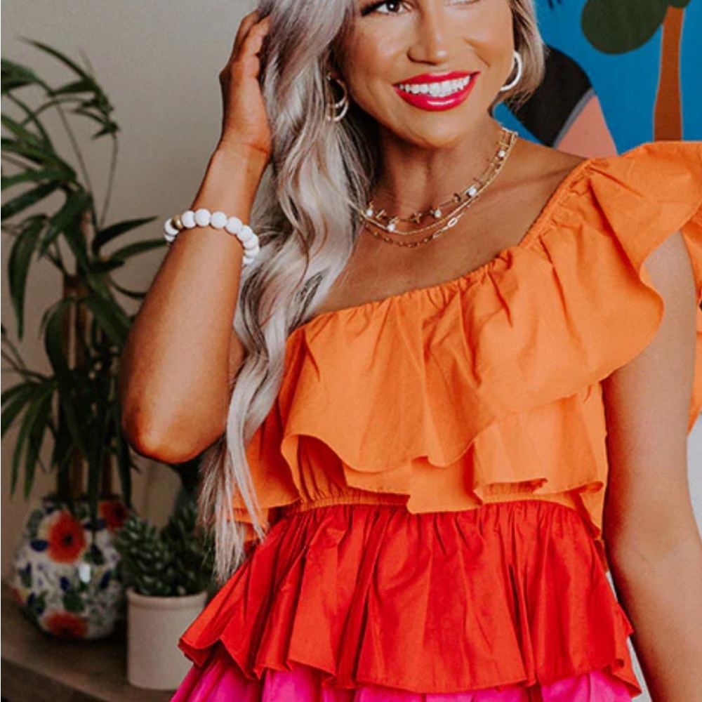 Sugarlips Orange,Red & Pink Ruffled One-Shoulder Tunic Top